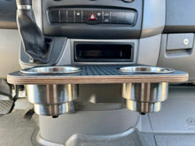 Load image into Gallery viewer, Cup Holder Snack Tray for Mercedes-Benz Sprinter NCV3 06-18, Black Hex Texture, XL Stainless Cup Holders, 12&quot;x10.25&quot;. Converts sliding cup holders into a stable table. Handmade in San Diego, CA, with free UPS Ground shipping in the lower 48 USA.
