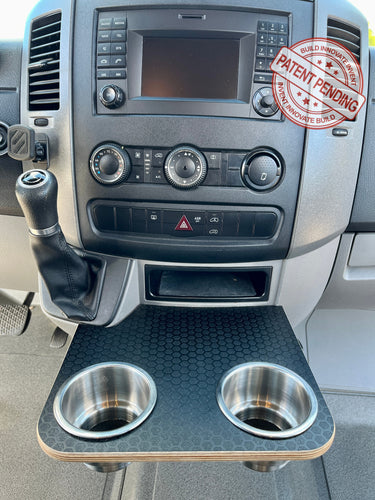 Mercedes-Benz Sprinter NCV3 06-18 Black Hex Cup Holder Snack Tray with XL Stainless Cup Holders. Converts factory sliding cup holders into a small table. Size: 12